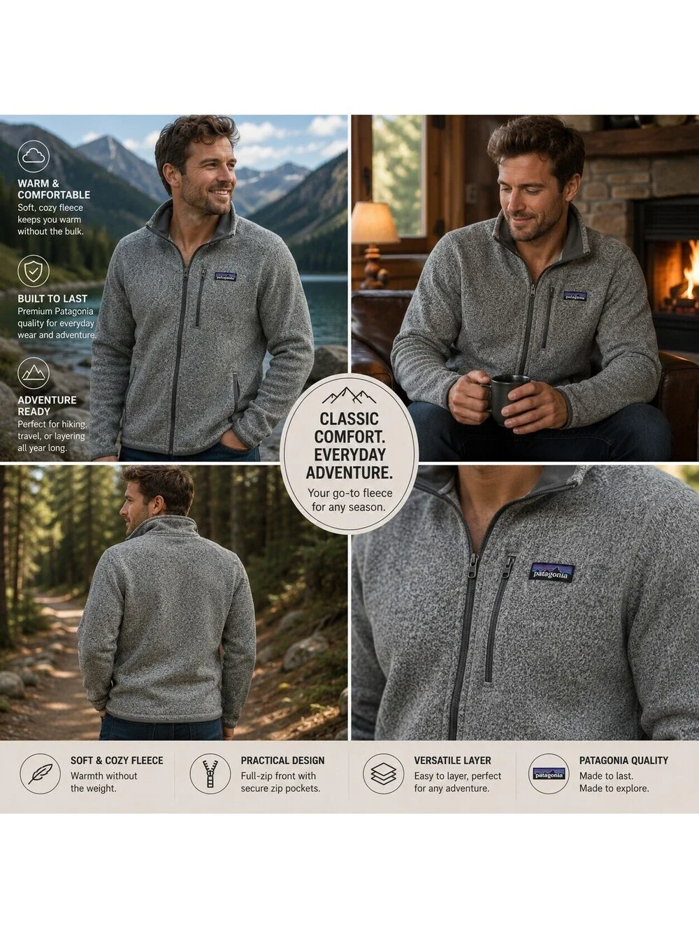 Patagonia Better Sweater Fleece Jacket Men's Medium Gray Full Zip Hiking Casual
